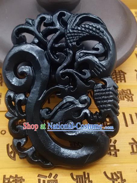 Chinese Handmade Carving Dragon Phoenix Jade Label Belt Accessories Handgrip Craft Handmade Black Jade Waist Pendant