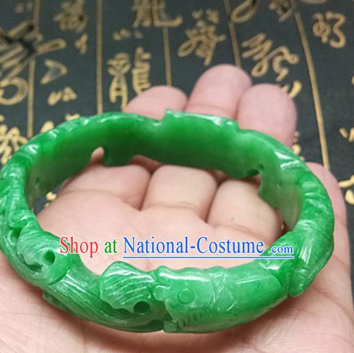 Chinese Ancient Hanfu Green Jade Carving Bangle Hetian Jade Jewelry Bracelet Accessories