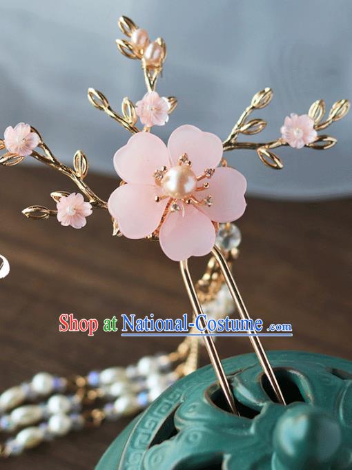 Chinese Ancient Hanfu Pearls Tassel Hair Clip Hair Accessories Women Headwear Pink Flower Hairpin