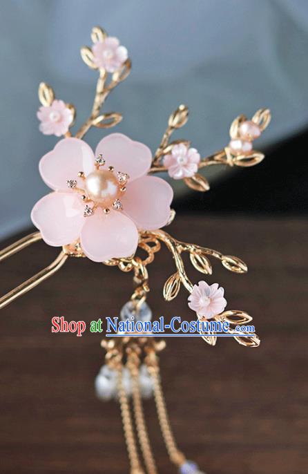 Chinese Ancient Hanfu Pearls Tassel Hair Clip Hair Accessories Women Headwear Pink Flower Hairpin