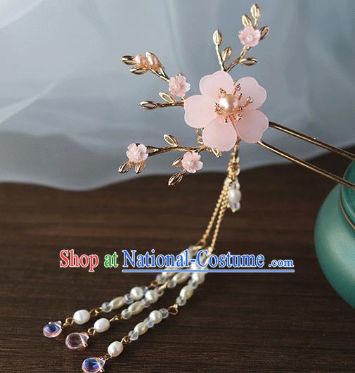 Chinese Ancient Hanfu Pearls Tassel Hair Clip Hair Accessories Women Headwear Pink Flower Hairpin