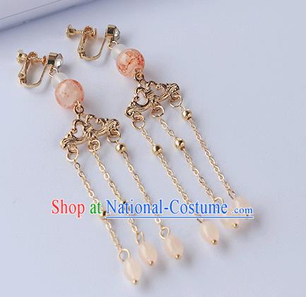 Chinese Ancient Hanfu Pink Beads Tassel Earrings Jewelry Women Ear Accessories