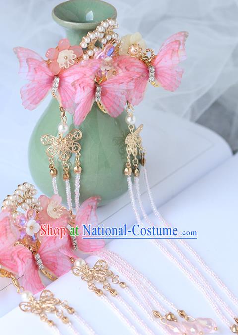 Chinese Ancient Hanfu Pink Silk Butterfly Hair Claws Hair Accessories Women Headwear Tassel Hair Stick Hairpins