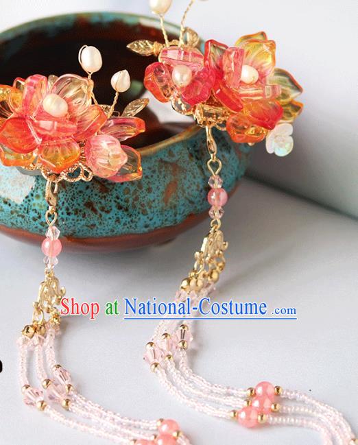 Chinese Ancient Hanfu Red Lotus Hair Claws Hair Accessories Women Headwear Tassel Hair Stick