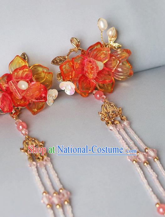 Chinese Ancient Hanfu Red Lotus Hair Claws Hair Accessories Women Headwear Tassel Hair Stick