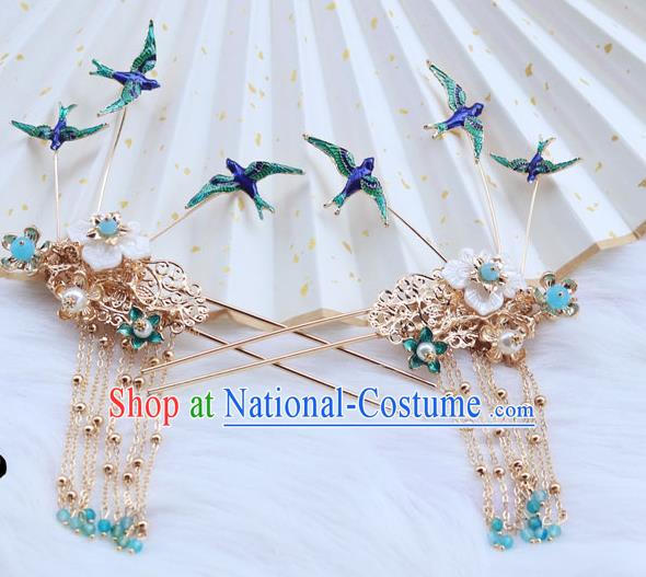 Chinese Ancient Hanfu Hair Clip Hair Accessories Women Headwear Blueing Birds Tassel Hairpin