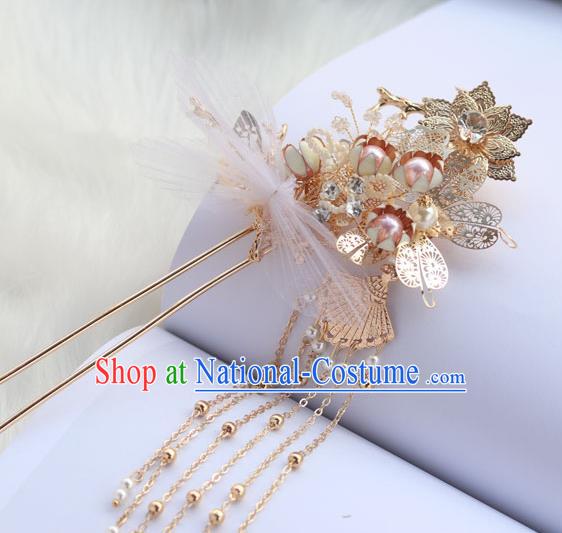 Chinese Ancient Hanfu Golden Tassel Hair Clip Hair Accessories Women Headwear Silk Flower Hairpin