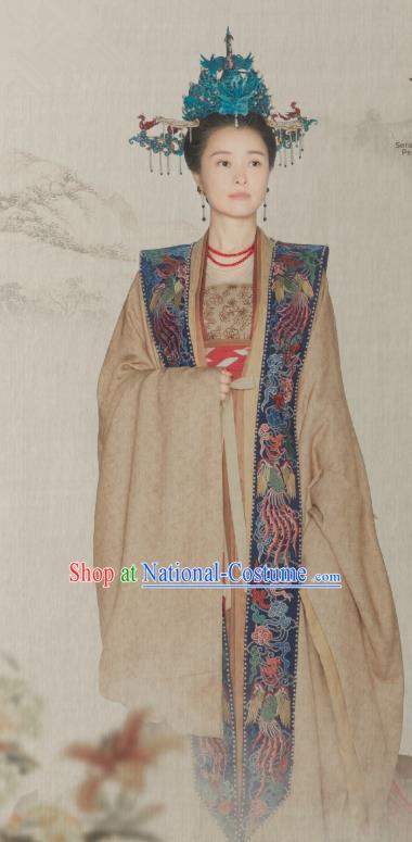 Ancient Chinese Queen Mother Historical Costumes Apparel and Headdress Drama Serenade of Peaceful Joy Song Dynasty Empress Dowager Liu E Garment