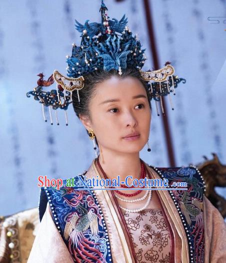 Ancient Chinese Queen Mother Historical Costumes Apparel and Headdress Drama Serenade of Peaceful Joy Song Dynasty Empress Dowager Liu E Garment