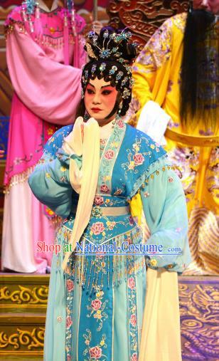 Chinese Cantonese Opera Diva Blue Dress Apparel Princess Chang Ping Peking Opera Hua Tan Garment Imperial Concubine Costumes and Headwear