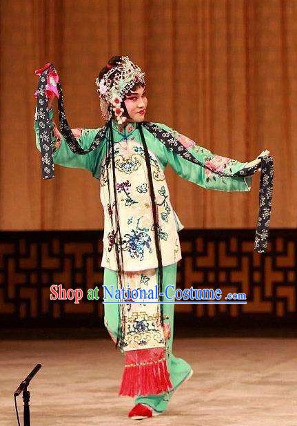 Chinese Traditional Peking Opera the Wandering Dragon Toys with the Phoenix Costumes Apparel Li Fengjie Green Garment and Headwear