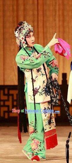 Chinese Traditional Peking Opera the Wandering Dragon Toys with the Phoenix Costumes Apparel Li Fengjie Green Garment and Headwear