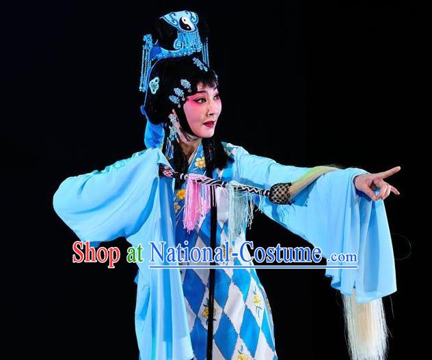 Chinese Traditional Kun Opera Taoist Nun Diva Costumes Peking Opera Jade Hairpin Apparel Hua Tan Blue Garment and Headwear