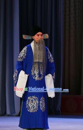 Chinese Peking Opera Costumes Garment Peking Opera Lv Bu and Diao Chan Old Men Apparels Blue Robe and Headwear