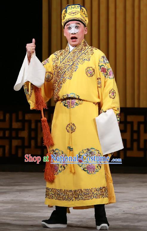 Chinese Beijing Opera Ugly Prince Costumes Garment Peking Opera Return of the Phoenix Apparels Clown Yellow Robe and Headwear