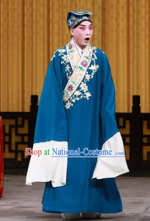 Chinese Beijing Opera Niche Young Men Costumes Garment Peking Opera Return of the Phoenix Apparels Xiaosheng Scholar Navy Robe and Headwear