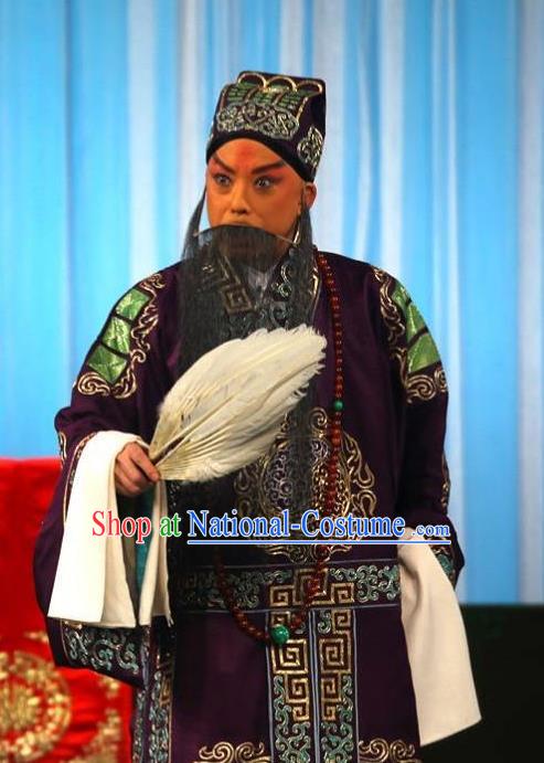 Chinese Beijing Opera Elderly Male Garment Peking Opera the Empty City Stratagem Zhuge Liang Purple Apparels Costumes and Hat