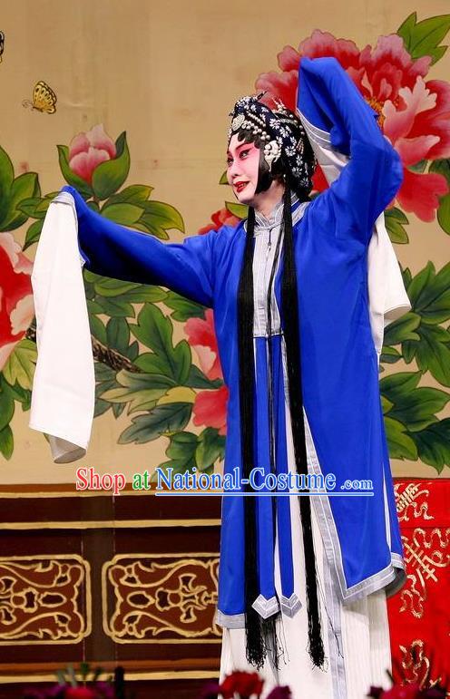 Traditional Chinese Peking Opera Distress Maiden Blue Dress Judge Bao and the Qin Xianglian Case Costumes Tsing Yi Garment and Headwear