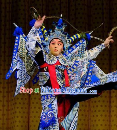 Chinese Kun Opera General Costumes Garment Peking Opera Yandang Mountain Apparels Wusheng Kao Armor Suit with Flags and Hat