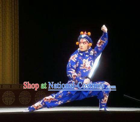 Chinese Kun Opera Martial Male Blue Costumes Garment Peking Opera Yandang Mountain Wusheng Apparels and Hat