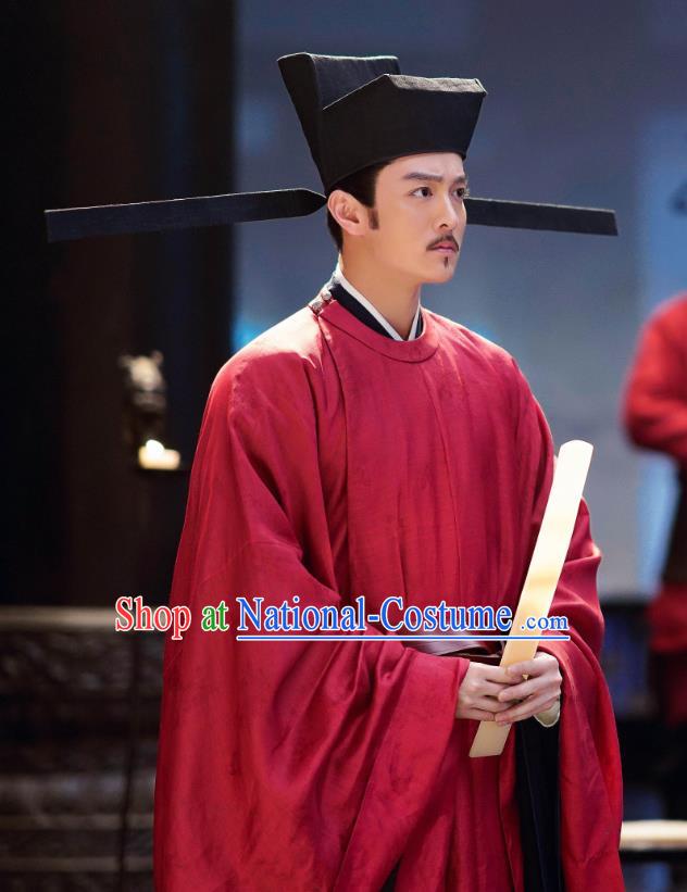 Ancient Chinese Official Historical Garment Song Dynasty Drama Serenade of Peaceful Joy Chancellor Han Qi Costumes Vestment and Hat Complete Set