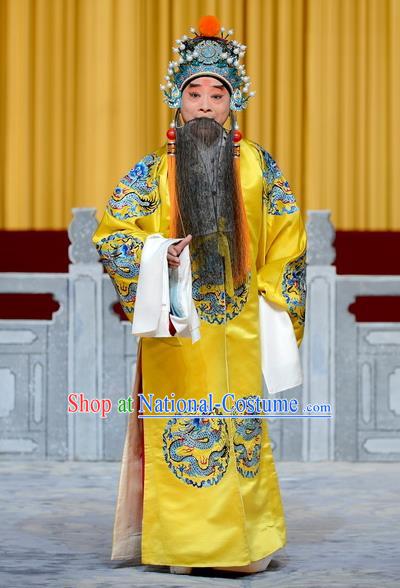 Chinese Peking Opera Old Men Watch Tower Wang Er Lou Martial Men Apparels Costumes Emperor Garment Ceremonial Robe and Headwear