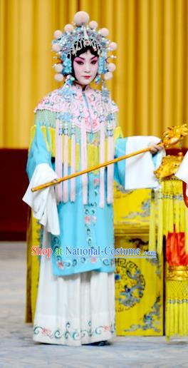 Chinese Peking Opera Hua Tan Garment Costumes Traditional Watch Tower Wang Er Lou Apparels Court Maid Blue Dress and Headwear