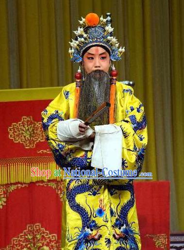 Chinese Peking Opera Old Men Li Yuan Watch Tower Wang Er Lou Apparels Costumes Garment Emperor Ceremonial Robe and Headwear