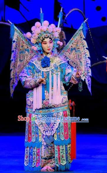 Chinese Traditional Yangmen Female General Peking Opera Blues Garment Costumes Apparels Mu Guiying Kao Armor Suit with Flags and Headwear