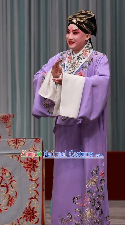 Chinese Peking Opera Scholar Apparels Costumes Matchmaker Young Men Niche Zhang Sheng Purple Robe and Headwear