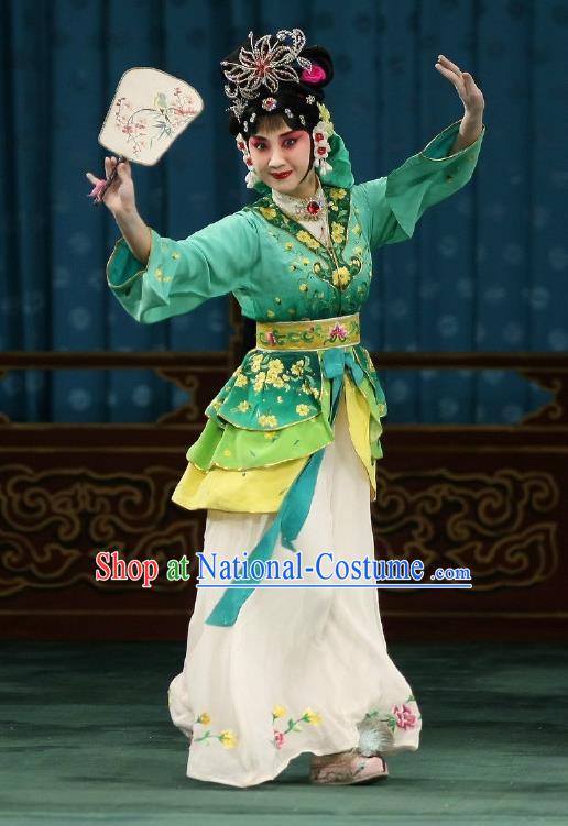 Traditional Chinese Peking Opera Matchmaker Apparels Costumes Garment Young Actress Hong Niang Green Dress and Headwear