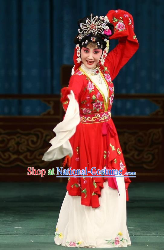 Traditional Chinese Peking Opera Matchmaker Apparels Hong Niang Costumes Young Actress Red Dress Garment and Headpieces