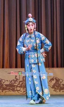 Traditional Chinese Peking Opera Xiao Dan Apparels Garment San Cha Kou Actress Young Lady Blue Dress Costumes and Headwear