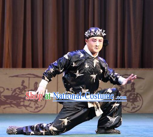 Chinese Peking Opera Takefu Wusheng Apparels Costumes San Cha Kou Martial Men Black Garment and Hat