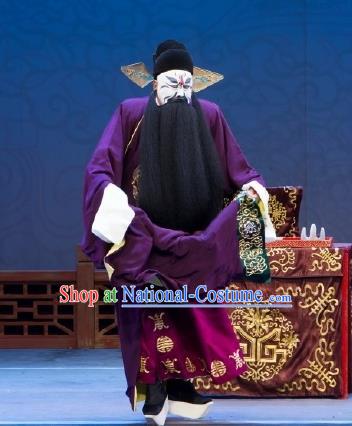 Chinese Peking Opera Official Yan Song Apparels Costumes Four Scholars Lao Sheng Elderly Men Garment Purple Robe and Hat Complete Set