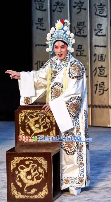 Chinese Peking Opera Young Men White Robe Costumes The Revenge of Prince Zi Dan Niche Garment Apparels and Hat