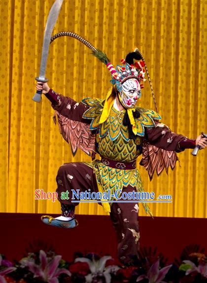 Chinese Peking Opera Monster Takefu Costumes The Fire Fenix Apparels Martial Male Actor Wu Sheng Purple Garment and Headwear