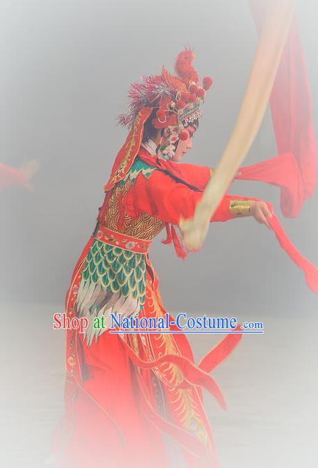 Traditional Chinese Peking Opera Costumes Martial Female Apparels Garment The Fire Fenix Wudan Water Sleeve Red Dress and Headwear