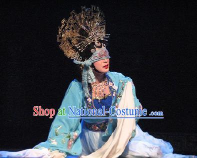 Chinese Beijing Opera Noble Consort Su Daji Costumes Apparels Garment The Legend and Hero Peking Opera Hua Tan Blue Dress and Headpieces