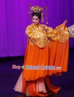 Chinese Kun Opera Young Female Apparels Costumes The Fragrant Companion Peking Opera Hua Tan Garment Golden Dress and Headdress