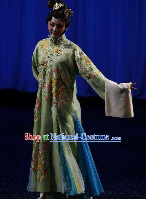 Chinese Kun Opera Hua Tan Apparels Costumes The Fragrant Companion Peking Opera Young Lady Garment Green Dress and Hair Accessories