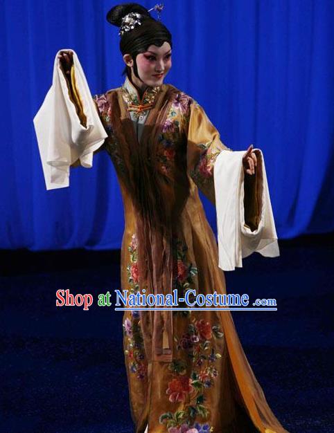 Chinese Kun Opera Hua Tan Apparels Costumes The Fragrant Companion Peking Opera Diva Young Lady Garment Embroidered Brown Dress and Hair Accessories