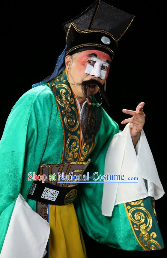 Chinese Historical Beijing Opera Chou Role Costumes Cao Cao And Yang Xiu Apparels Clown Green Garment and Hat