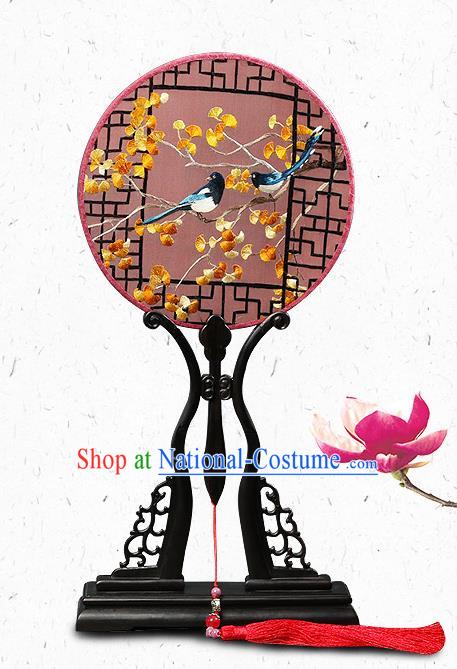 Chinese Traditional Embroidered Ginkgo Palace Fans Handmade Classical Dance Ebony Round Fan for Women