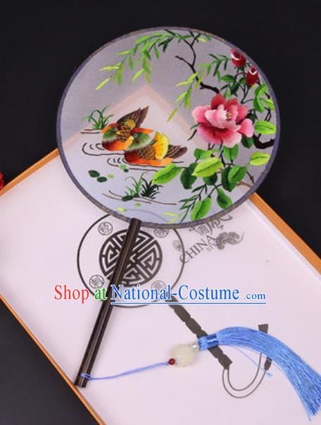 Chinese Traditional Embroidered Mandarin Duck Palace Fans Handmade Classical Dance Ebony Round Fan for Women