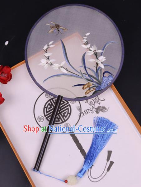 Chinese Traditional Embroidered Orchid Butterfly Palace Fans Handmade Classical Dance Ebony Round Fan for Women