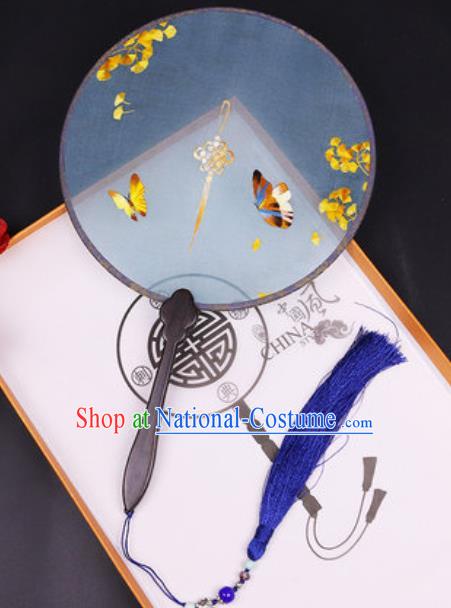 Chinese Traditional Embroidered Ginkgo Butterfly Palace Fans Handmade Classical Dance Ebony Round Fan for Women