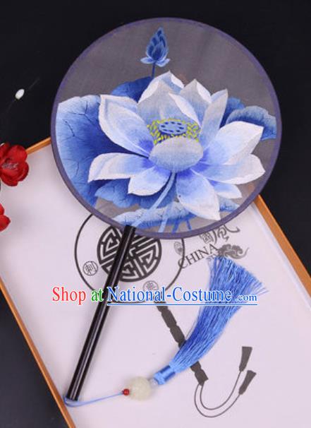 Chinese Traditional Embroidered Lotus Palace Fans Handmade Classical Dance Ebony Round Fan for Women