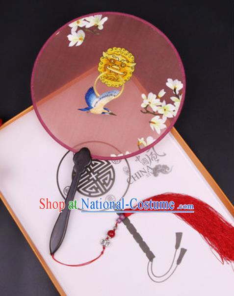 Chinese Traditional Embroidered Swallow Mangnolia Palace Fans Handmade Classical Dance Ebony Round Fan for Women