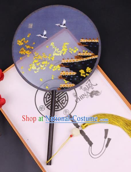 Chinese Traditional Embroidered Ginkgo Crane Palace Fans Handmade Classical Dance Ebony Round Fan for Women